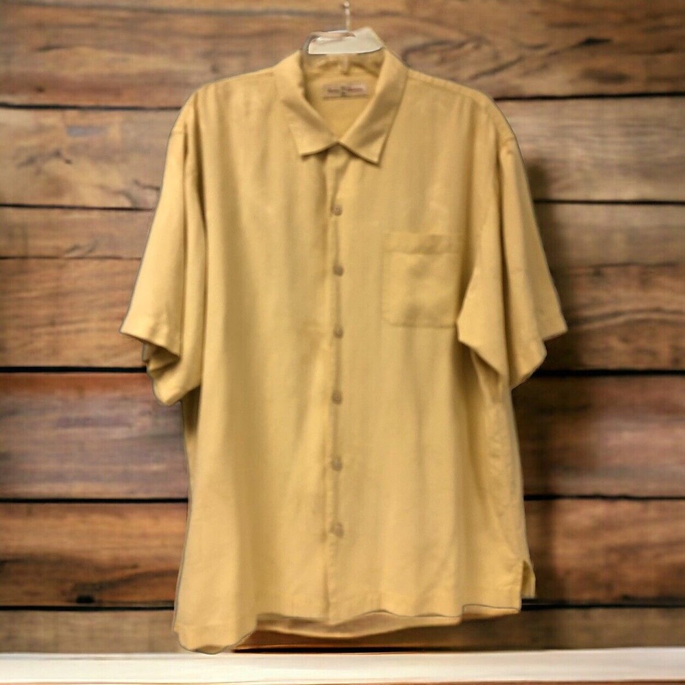 Tommy Bahama‎ Silk Shirt Mens Size XL Maize Yellow Button Down Tropical Palm